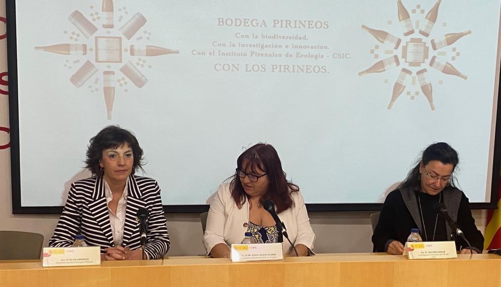 Silvia Arruego (Bodegas Pirineos), Maria Jesús Lázaro y Begoña Lázaro (CSIC) durante la presentación del acuerdo de colaboración.
