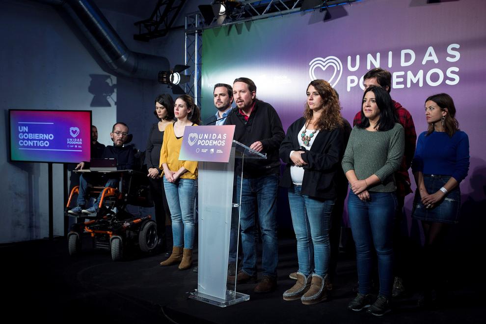 Pablo Iglesias y otros representantes de Unidas Podemos tras los resultados electorales.