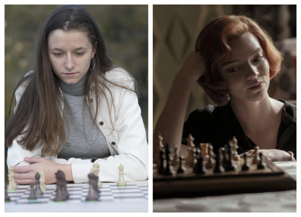 La joven talento del ajedrez aragonés, María Eizaguerri (izquierda) y el personaje protagonista de 'Gambito de Dama', Beth Harmon.