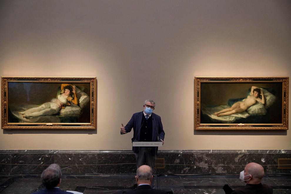 El director del Museo del Prado, Miguel Falomir, da un discurso durante la presentación del nuevo diseño de las salas dedicadas a Goya.