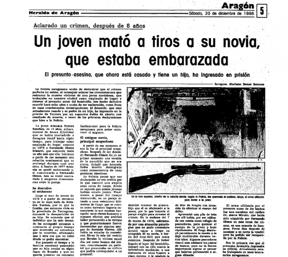 Noticia publicada el 20 de diciembre de 1986 en HERALDO DE ARAGÓN sobre la detención del autor del crimen de Caspe