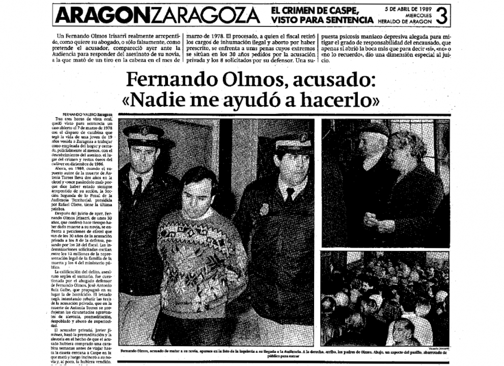 Artículo sobre la declaración durante el juicio de Fernando Olmos Irisarri, autor del crimen de Caspe, publicado el 5 de abril de 1989 en HERALDO DE ARAGÓN