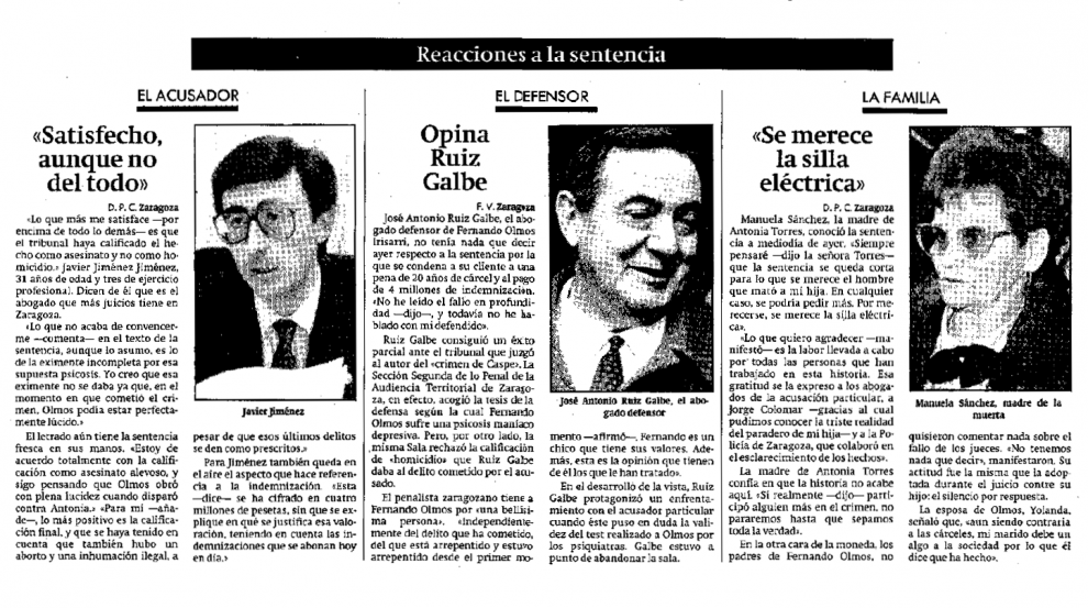 Despiece publicado el 8 de abril de 1989 en HERALDO DE ARAGÓN con las declaraciones de la madre de Antonia Torres, el abogado de la familia, y el abogado defensor de Fernando Olmos