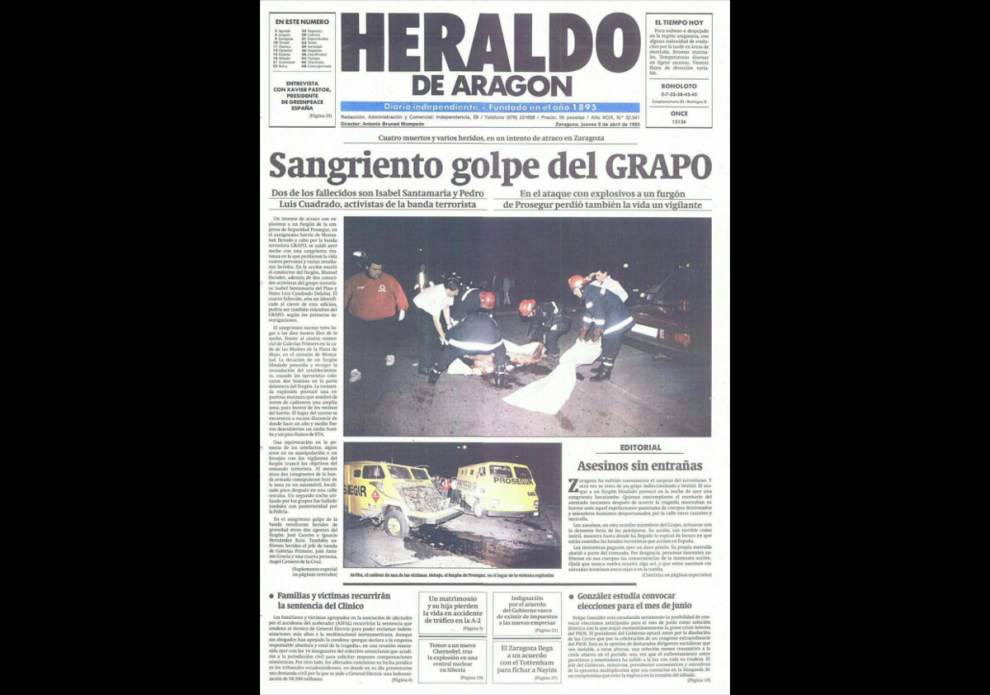 El 8 de noviembre de 1993 HERALDO DE ARAGÓN publicó en portada el atentado de los Grapo contra el furgón de Prosegur