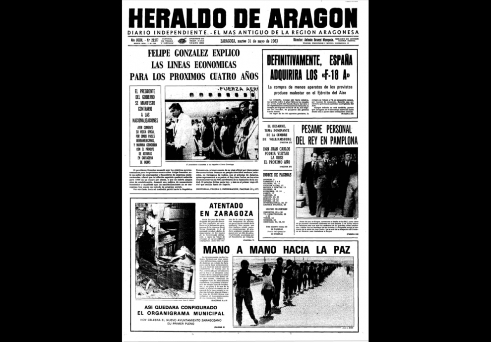 Portada de HERALDO DE ARAGÓN publicada el 31 de mayo de 1983 tras la explosión de un artefacto fabricado por los Grapo en la empresa Rank Xerox Española en Zaragoza