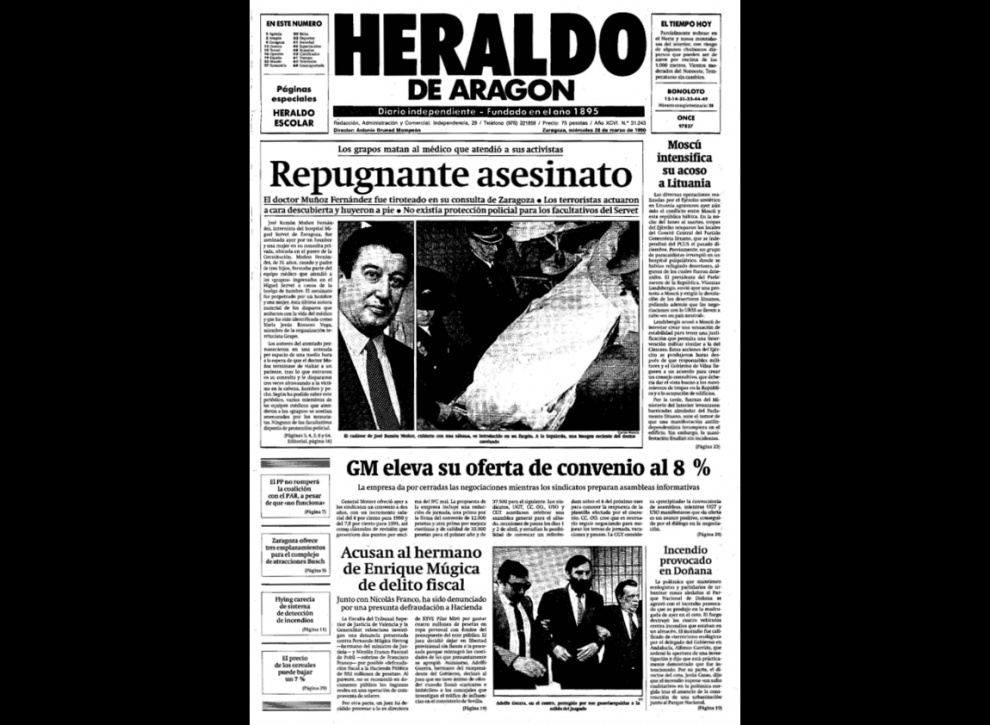 Portada del 28 de marzo de 1990 publicada por HERALDO DE ARAGÓN tras el asesinato del doctor José Ramón Muñoz