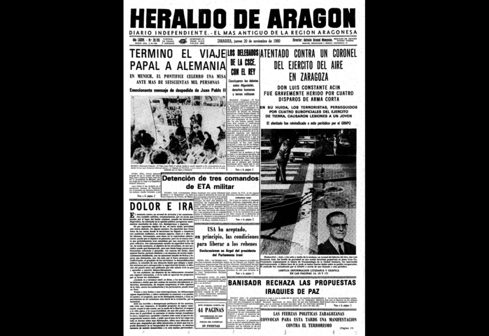 Portada del 20 de noviembre de 1980 publicada por HERALDO DE ARAGÓN tras el atentado contra Luis Constante Acín