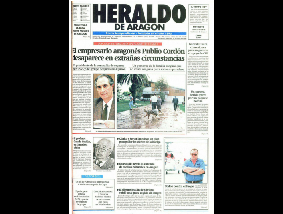 Portada publicada por HERALDO DE ARAGÓN el 28 de junio de 1995, un día después del secuestro de Publio Cordón