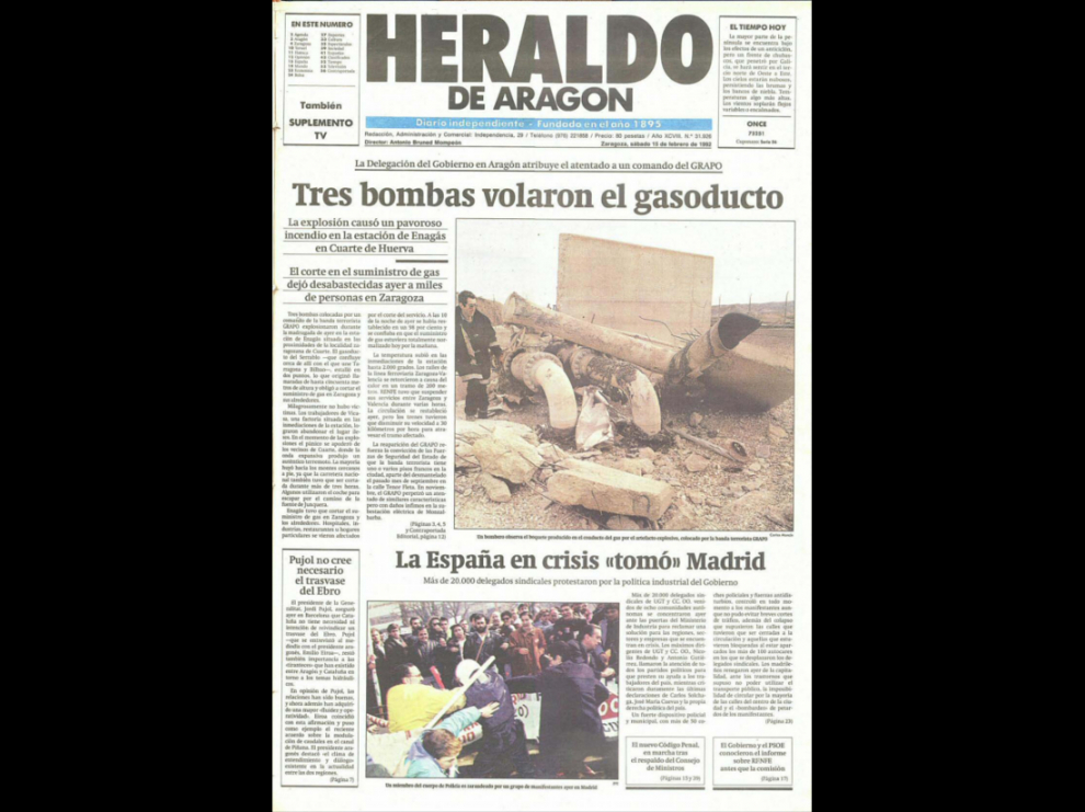 Portada de HERALDO DE ARAGÓN del 15 de febrero de 1992 con la explosión de tres bombas en el gasoducto de Cuarte en primera plana