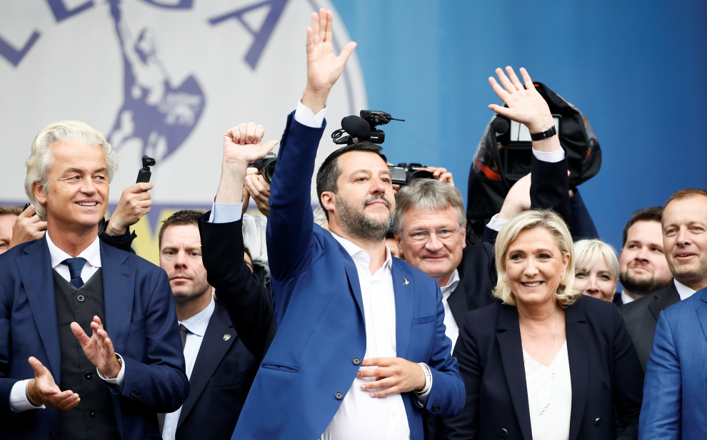 Italy's Deputy Prime Minister Matteo Salvini addresses a major rally of European nationalist and far-right parties ahead of EU parliamentary elections in Milan, Italy May 18, 2019. REUTERS/Alessandro Garofalo [[[REUTERS VOCENTO]]] EU-ELECTION/ITALY-SALVINI