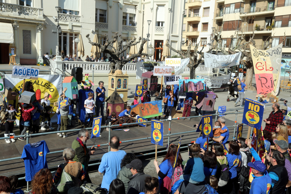 Imágenes de la concentración contra el embalse de Biscarrués en la plaza de Navarra de Huesca.