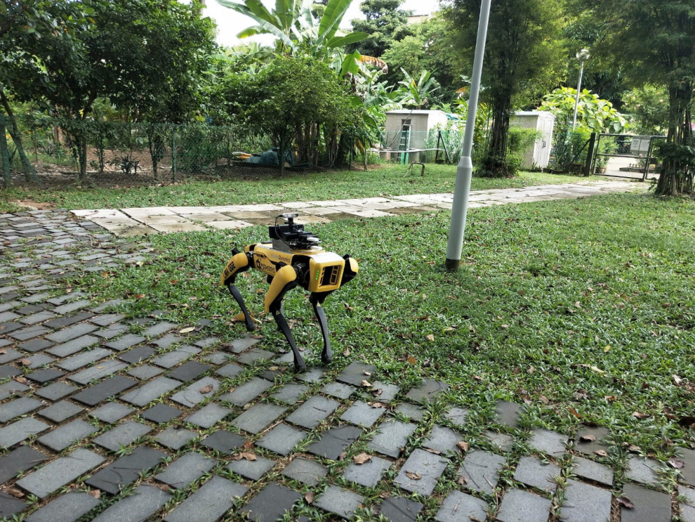 Singapore (Singapore), 08/05/2020.- A handout photo released by the Government Technology Agency of Singapore (GovTech) of a four-legged robot named Spot which broadcasts a recorded message to remind people to observe safe distancing measures in the Bishan-Ang Mo Kio park in Singapore, 08 May 2020 (issued 09 May 2020). The robot is on a two-week trial from 08 May 2020 to assist parks with safe distancing measures to prevent the spread of Covid-19. (Singapur, Singapur) EFE/EPA/GOVTECH HANDOUT HANDOUT EDITORIAL USE ONLY/NO SALES Singapore four-legged robot Spot to assist with Covid-19 social distancing measures
