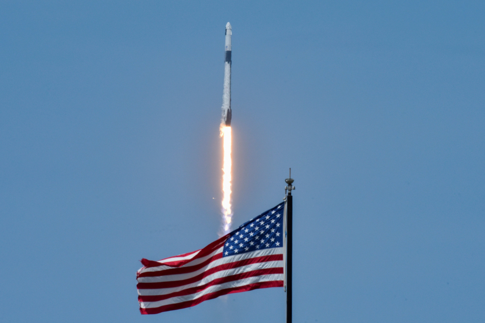 A SpaceX Falcon 9 rocket and Crew Dragon spacecraft carrying NASA astronauts Douglas Hurley and Robert Behnken lifts off during NASA's SpaceX Demo-2 mission to the International Space Station from NASA's Kennedy Space Center in Cape Canaveral