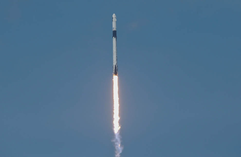 A SpaceX Falcon 9 rocket and Crew Dragon spacecraft carrying NASA astronauts Douglas Hurley and Robert Behnken lifts off during NASA's SpaceX Demo-2 mission to the International Space Station from NASA's Kennedy Space Center in Cape Canaveral
