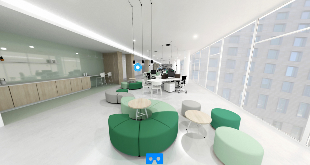 Visión de un espacio de oficina con Visual 360 de Mecux.