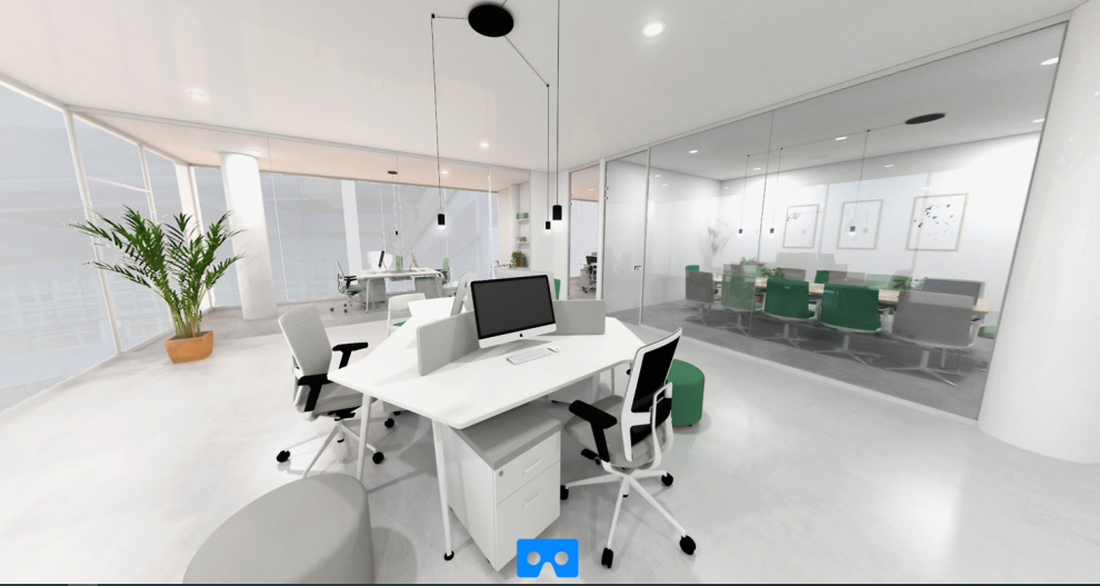 Visión de un espacio de oficina con Visual 360 de Mecux.