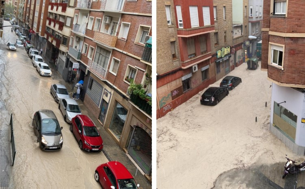 La calle Sevilla de Zaragoza, inundada después de la fuerte lluvia de este viernes