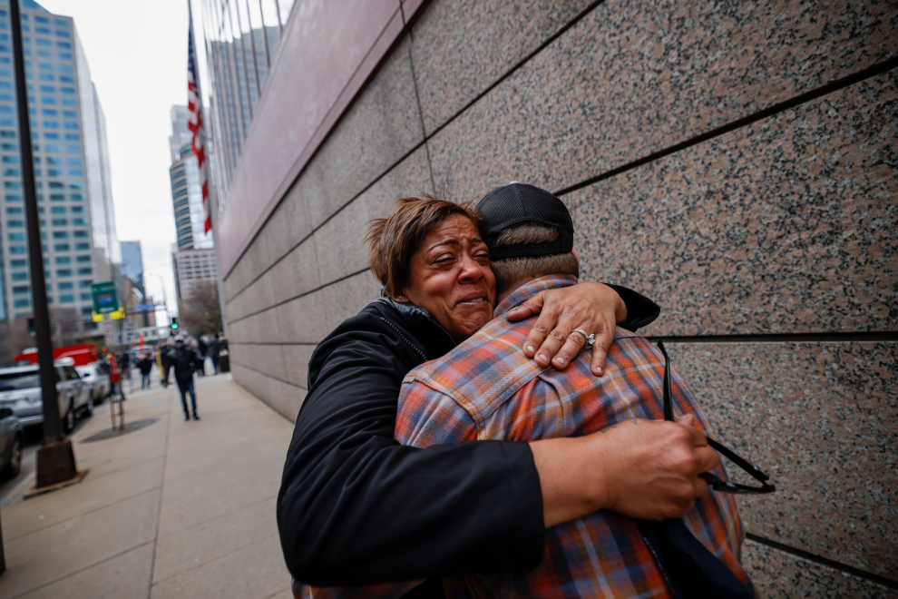 People react after the verdict in the trial of former Minneapolis police officer Derek Chauvin, found guilty of the death of George Floyd, at George Floyd Square in Minneapolis, Minnesota, U.S., April 20, 2021. REUTERS/Octavio Jones[[[REUTERS VOCENTO]]] USA-RACE/GEORGEFLOYD