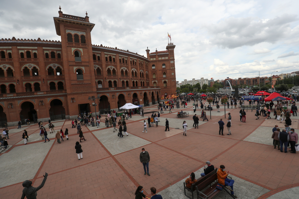 People stand outside Las Ventas bullring ahead of the first bullfight since the start of the COVID-19 pandemic, in Madrid