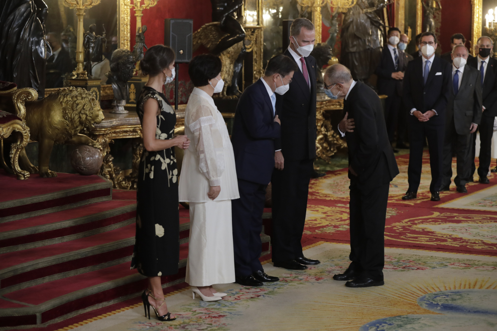 Spanish King Felipe VI,Queen Letizia Ortizduring a gala dinner at the Royal Palace, in Madrid, due to the official trip of Soth Corea President to Spain, in Madrid on Tuesday, 15 June 2021...ACTOS OFICIALES;FAMILIAS REALES..Pool..15/06/2021[[[EP]]]