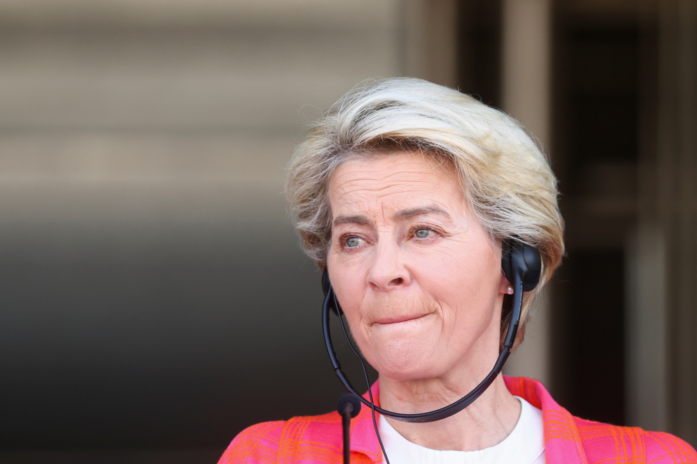 President of the EU Commission Von der Leyen attends a news conference, in Torrejon de Ardoz