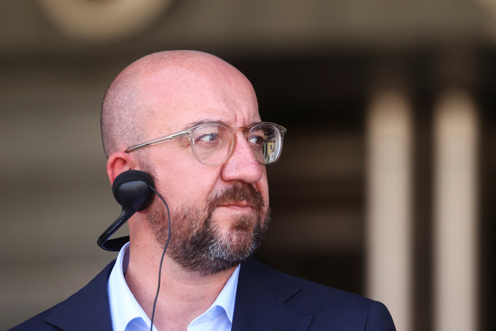 President of the EU Council Michel attends a news conference, in Torrejon de Ardoz