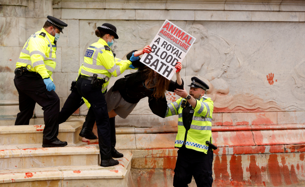 Los animalistas tiñen de rojo la fuente del Palacio de Buckingham