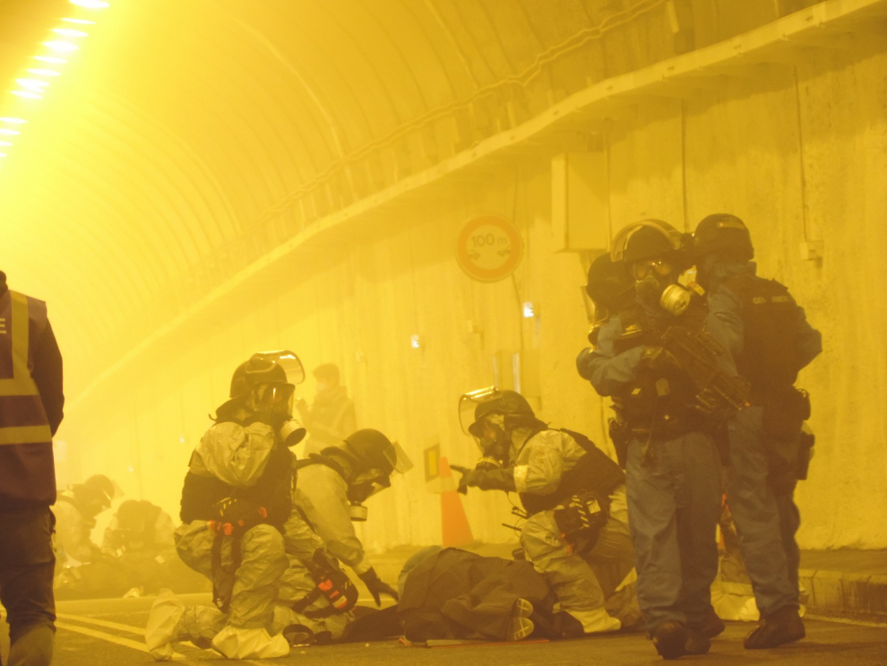 Simulacro de ataque terrorista realizado en el túnel de Bielsa por cuerpos de seguridad y emergencias de España y Francia.