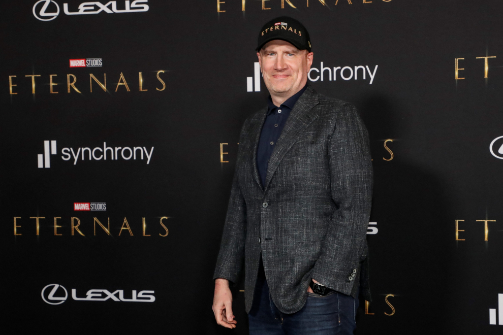 Producer and Marvel Entertainments Chief Creative Officer Kevin Feige poses with director Taika Waititi at the premiere for the film Eternals in Los Angeles, California, U.S. October 18, 2021. REUTERS/Mario Anzuoni[[[REUTERS VOCENTO]]] FILM-ETERNALS/PREMIERE