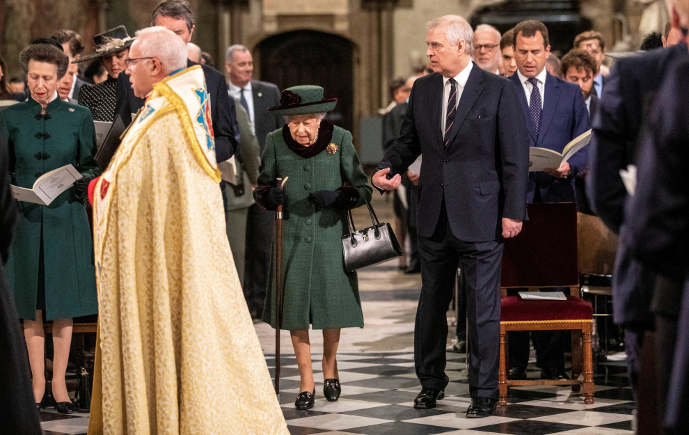 Penelope Knatchbull, Countess Mountbatten of Burma talks with Prince Kyril of Preslav after a service of thanksgiving for late Prince Philip, Duke of Edinburgh, at Westminster Abbey in London, Britain, March 29, 2022. REUTERS/Toby Melville BRITAIN-ROYALS/PHILIP-MEMORIAL