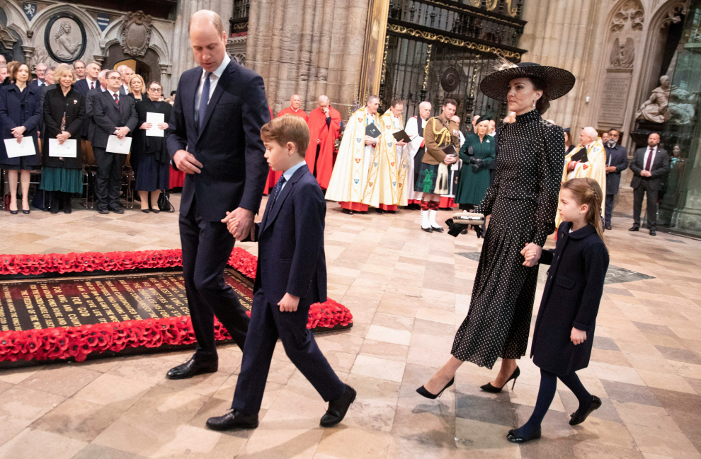 Britain's Prince William and his children Princess Charlotte and Prince George stand at the conclusion of a service of thanksgiving for late Prince Philip, Duke of Edinburgh, at Westminster Abbey in London, Britain, March 29, 2022. Richard Pohle/Pool via REUTERS BRITAIN-ROYALS/PHILIP-MEMORIAL