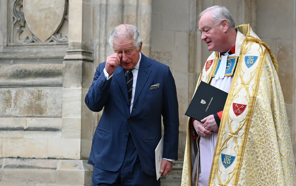 London (United Kingdom), 29/03/2022.- Britain's Prince Charles departs Westminster Abbey following the Service of Thanksgiving for the life of Prince Philip, the late Duke of Edinburgh at Westminster Abbey, London, Britain 29 March 2022. The Duke of Edinburgh, who died in April 2021, had a long association with Westminster Abbey, including his own marriage to the then Princess Elizabeth there in 1947. (Reino Unido, Edimburgo, Londres) EFE/EPA/ANDY RAIN
 BRITAIN ROYALTY