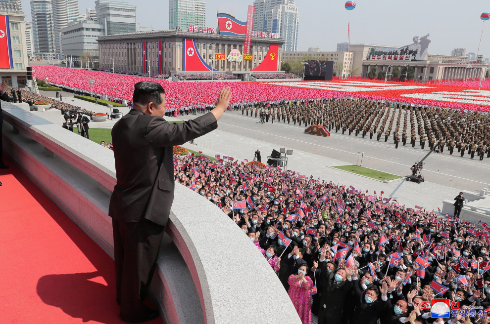North Korean leader Kim Jong Un waves as he attends a national meeting and a public procession to mark 110th birth anniversary of the state's founder, Kim II Sung, in Pyongyang, North Korea, April 15, 2022. Picture taken April 15, 2022 by North Korea's Korean Central News Agency (KCNA). KCNA via REUTERS ATTENTION EDITORS - THIS IMAGE WAS PROVIDED BY A THIRD PARTY. REUTERS IS UNABLE TO INDEPENDENTLY VERIFY THIS IMAGE. NO THIRD PARTY SALES. SOUTH KOREA OUT. NO COMMERCIAL OR EDITORIAL SALES IN SOUTH KOREA. NORTHKOREA-ANNIVERSARY/