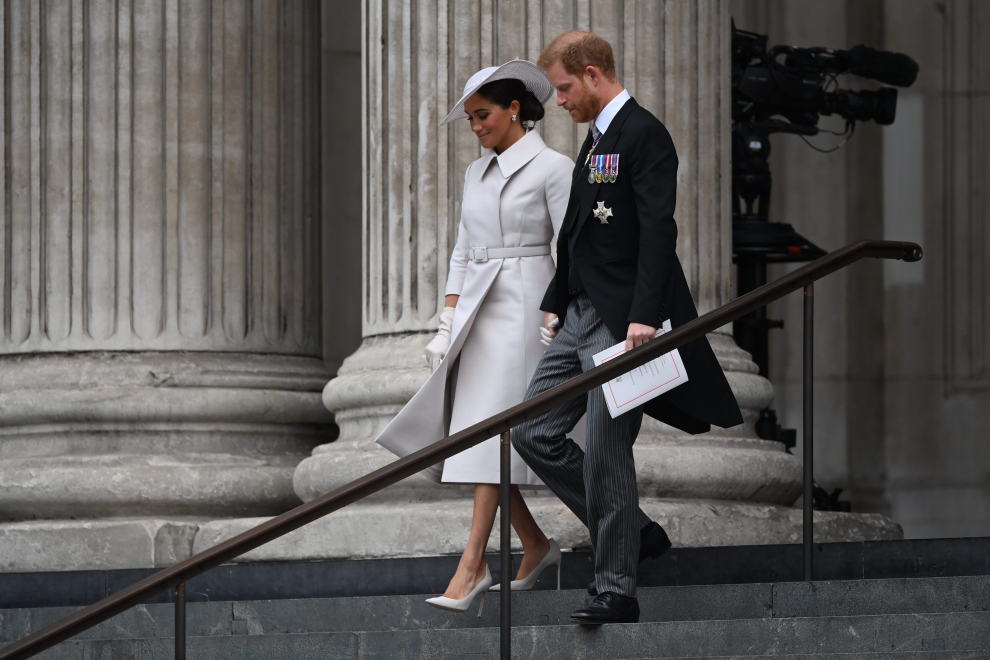 Britain's Prince Harry, Meghan, Duchess of Sussex and Zara Tindall depart after attending the National Service of Thanksgiving held at St Paul's Cathedral during the Queen's Platinum Jubilee celebrations in London, Britain, June 3, 2022. REUTERS/Henry Nicholls/Pool BRITAIN-ROYALS/PLATINUM-JUBILEE THANKSGIVING