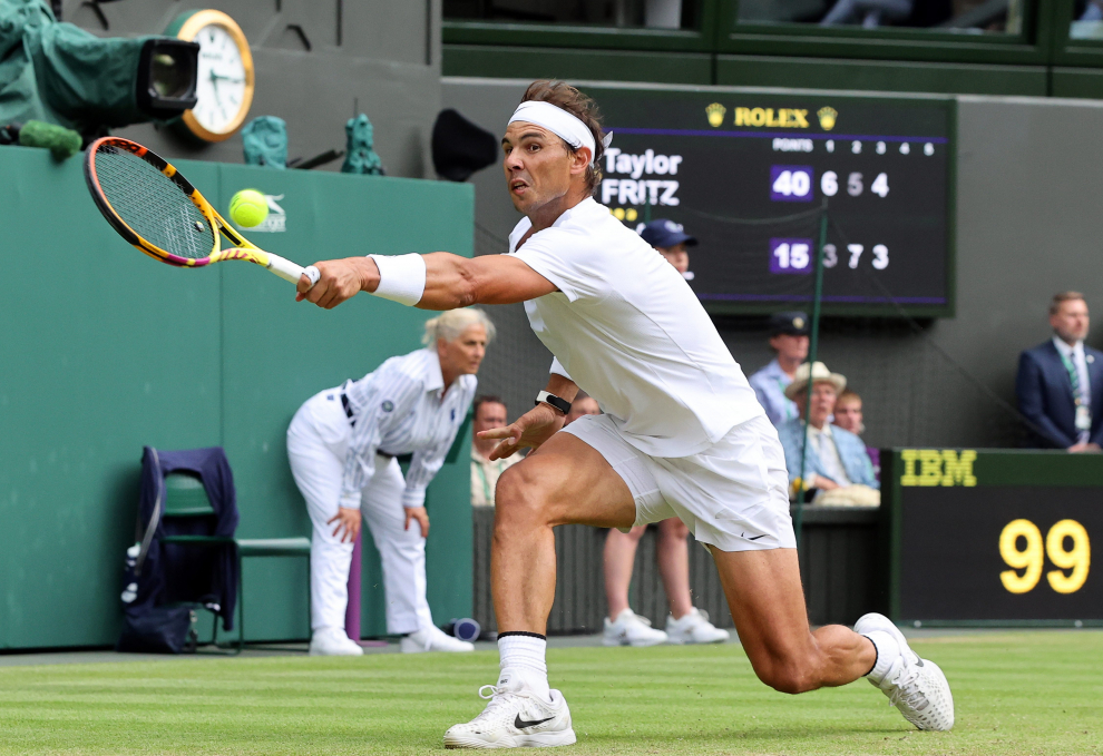 Tennis - Wimbledon - All England Lawn Tennis and Croquet Club, London, Britain - July 6, 2022  Spain's Rafael Nadal reacts during his quarter final match against Taylor Fritz of the U.S. REUTERS/Hannah Mckay TENNIS-WIMBLEDON/