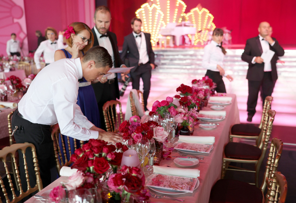 View of a diner table ahead of the Bal de la Rose (Rose Ball), in Monaco, July 8, 2022. Valery Hache/Pool via REUTERS MONACO-ROYALS/