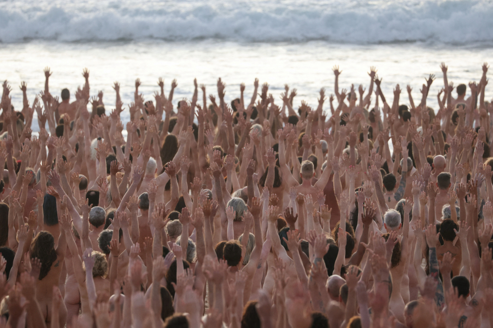 People stand naked on Sydney's Bondi Beach to raise awareness of skin cancer