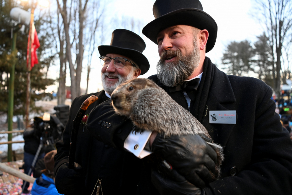 AJ Dereume holds Punxsutawney Phil during the Groundhog Day Festivities, at Gobblers Knob in Punxsutawney, Pennsylvania, U.S., February 2, 2023. REUTERS/Alan Freed USA-GROUNDHOGDAY/