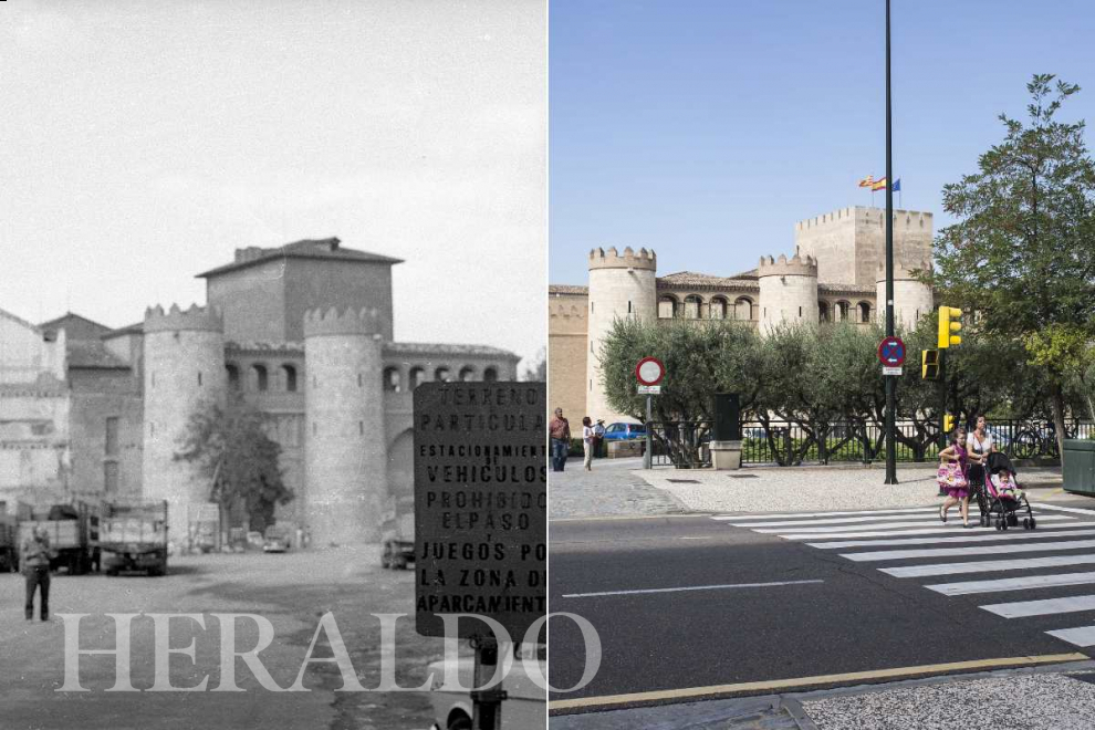 A la izquierda, aparcamiento de coches junto al Palacio de la Aljafería en los 70.
