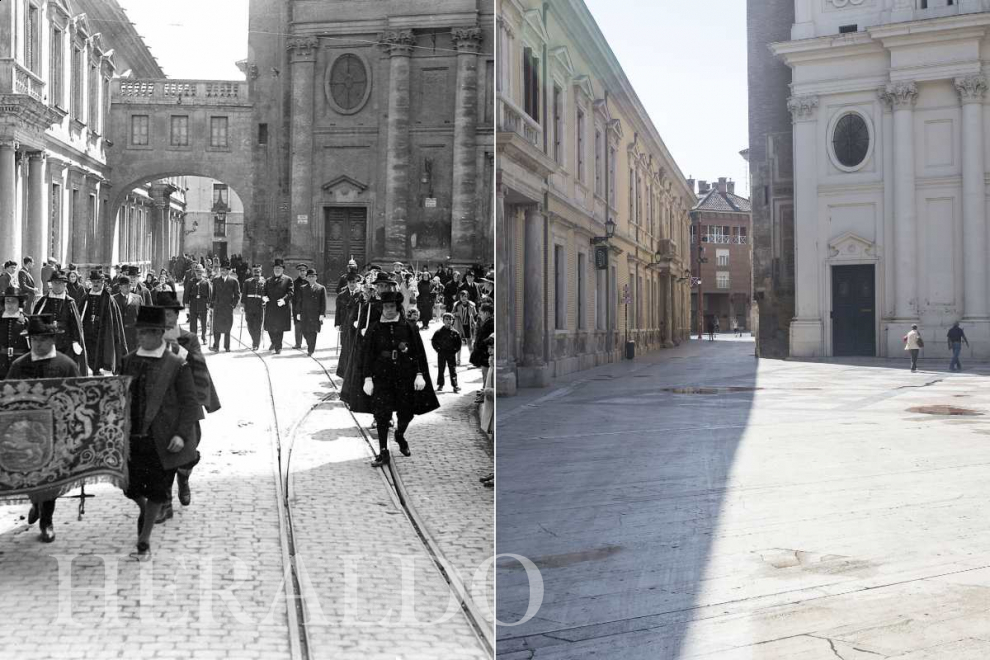 A la izquierda, procesión de Domingo de Ramos en 1930.