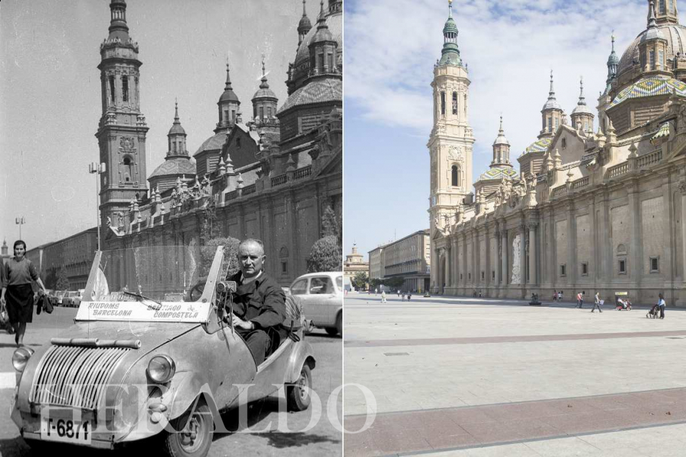 A la izquierda, Don Mariano Jacas Planas llega a Zaragoza en un automóvil Biscuter, con destino Santiago de Compostela, posando en la plaza del Pilar, el 11 de junio de 1970.