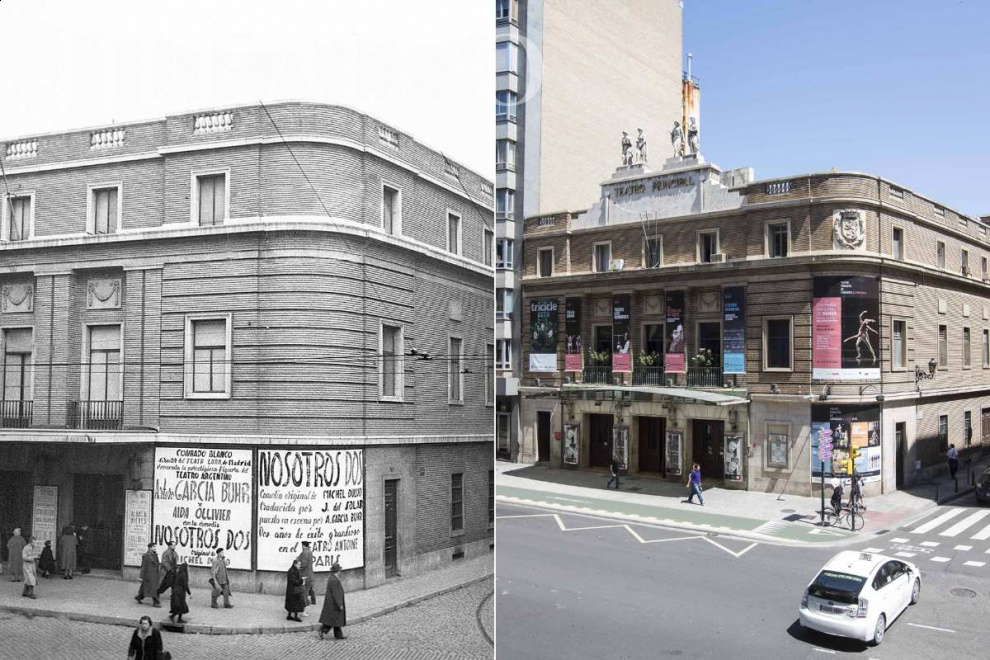 A la izquierda, fachada del Teatro Principal en el Coso en noviembre de 1953.