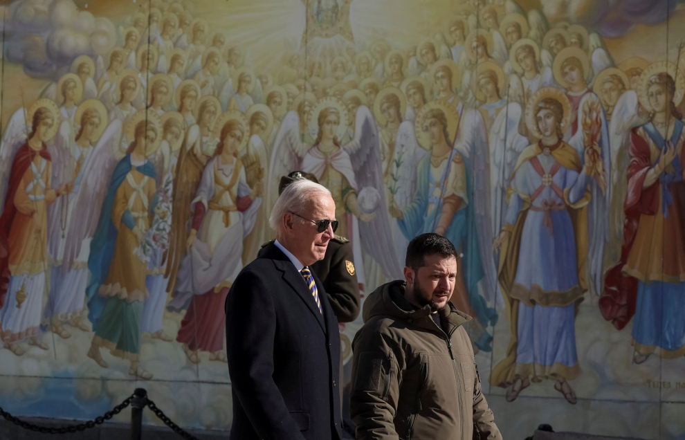 U.S. President Joe Biden, Ukraine's President Volodymyr Zelenskiy, U.S White House National Security Advisor Jake Sullivan and Head of Ukraine's Presidential Office Andriy Yermak meet, amid Russia's attack on Ukraine, in Kyiv, Ukraine February 20, 2023. REUTERS/Gleb Garanich UKRAINE-CRISIS/BIDEN