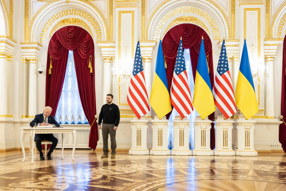 U.S. President Joe Biden attends a meeting with Ukraine's President Volodymyr Zelenskiy, amid Russia's attack on Ukraine, in Kyiv, Ukraine February 20, 2023. Ukrainian Presidential Press Service/Handout via REUTERS ATTENTION EDITORS - THIS IMAGE HAS BEEN SUPPLIED BY A THIRD PARTY. UKRAINE-CRISIS/BIDEN
