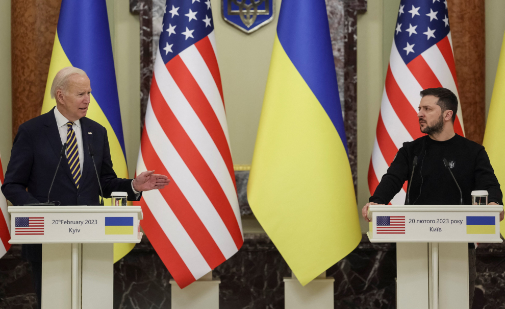U.S. President Joe Biden meets with Ukrainian President Volodymyr Zelenskiy at Mariinsky Palace on an unannounced visit in Kyiv, Ukraine, Monday, Feb. 20, 2023. Evan Vucci/Pool via REUTERS UKRAINE-CRISIS/BIDEN