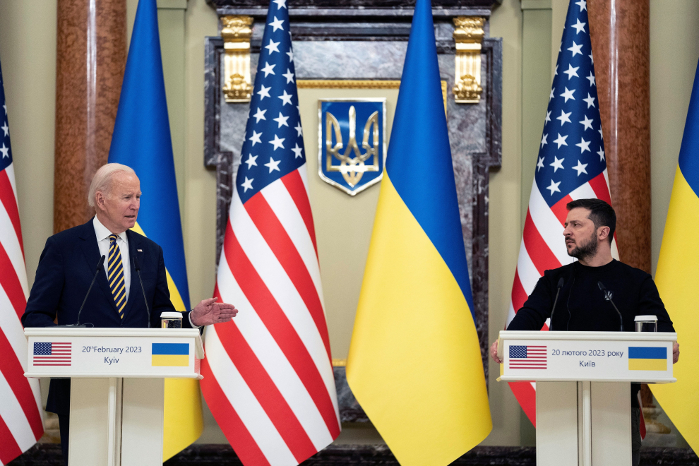 U.S. President Joe Biden meets with Ukrainian President Volodymyr Zelenskiy and Olena Zelenska at Mariinsky Palace during an unannounced visit in Kyiv, Ukraine, Monday, Feb. 20, 2023. Evan Vucci/Pool via REUTERS UKRAINE-CRISIS/BIDEN