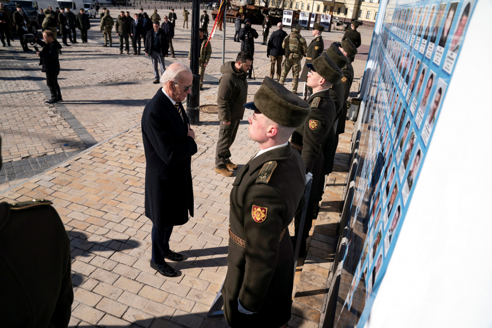 U.S. President Joe Biden walks with Ukrainian President Volodymyr Zelenskiy during an unannounced visit, in Kyiv, Ukraine, Monday, Feb. 20, 2023. Evan Vucci/Pool via REUTERS UKRAINE-CRISIS/BIDEN