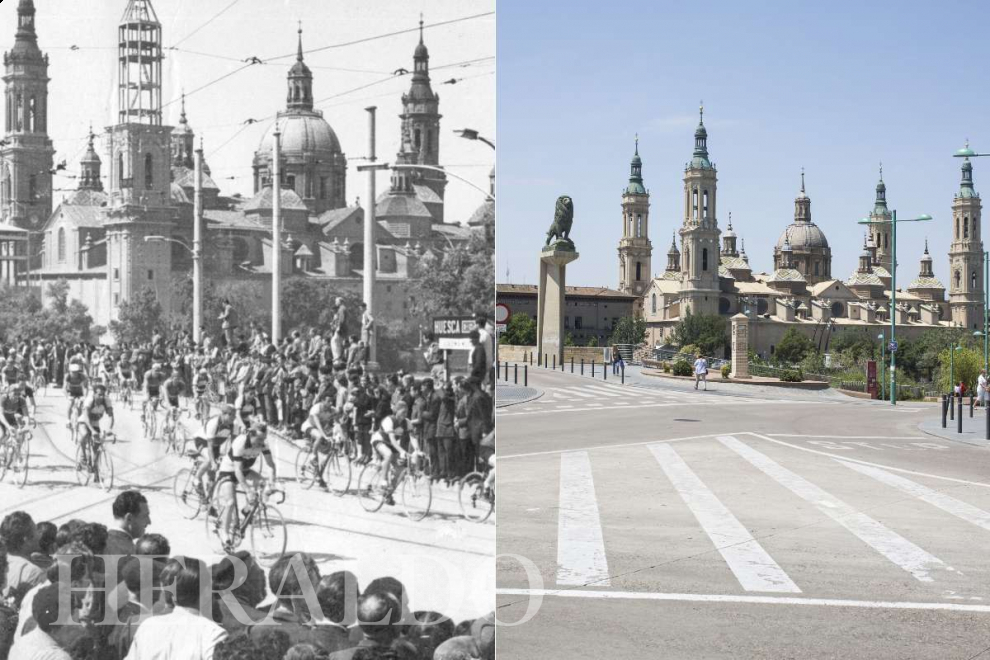 Arriba, paso de la Vuelta Ciclista a España por Zaragoza en la década de 1950. 1935.