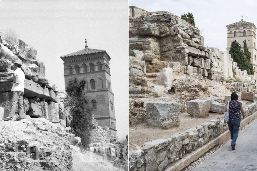 A la izquierda, las murallas romanas en la década de los años 70.