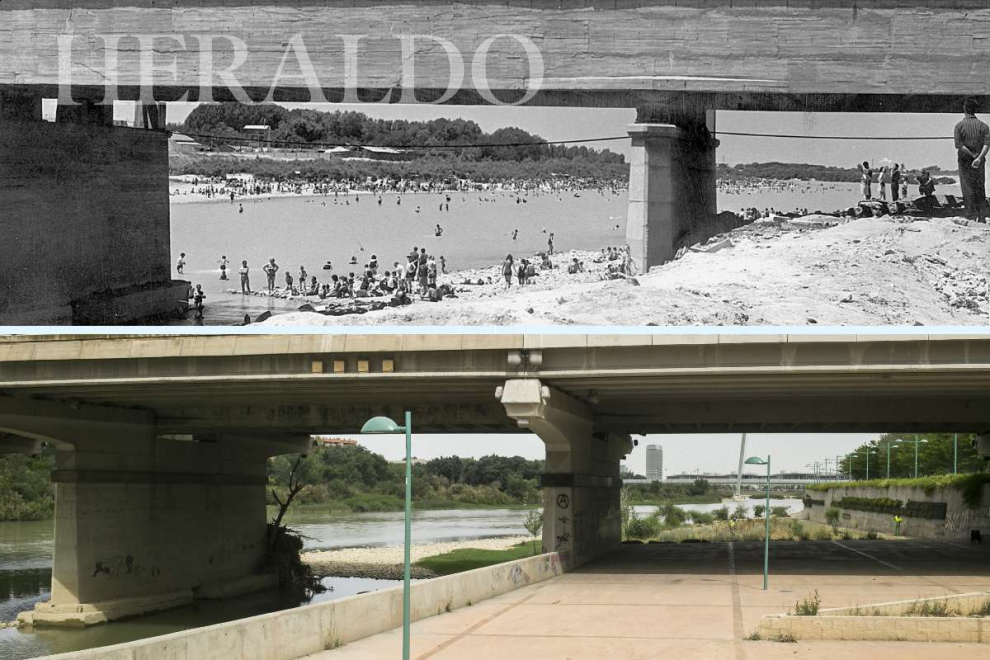 Arriba, obras de construcción de la nueva estructura para el paso de trenes del puente de la Almozara en 1967.